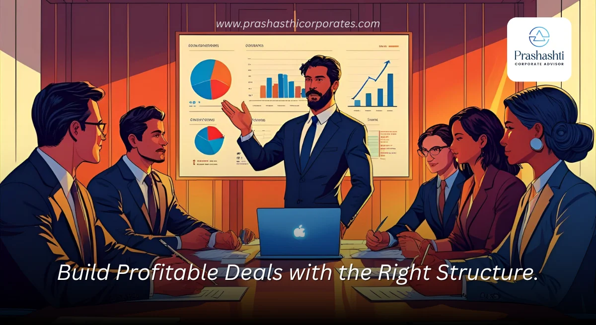 Advisor working with a team in a boardroom, documents, and laptops open | Prashasthi Corporate Advisors